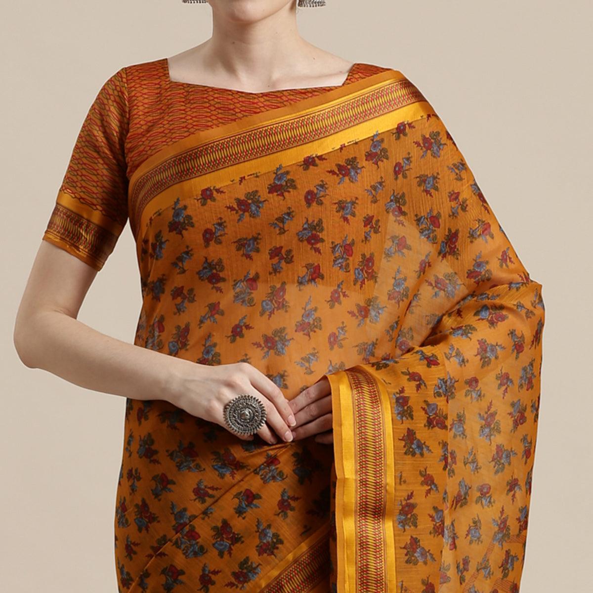 Innovative Mustard Yellow Colored Casual Wear Floral Printed Cotton Silk Saree