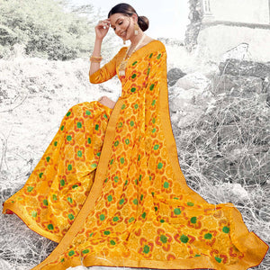 Innovative Mustard Yellow Coloured Partywear Printed Brasso Saree