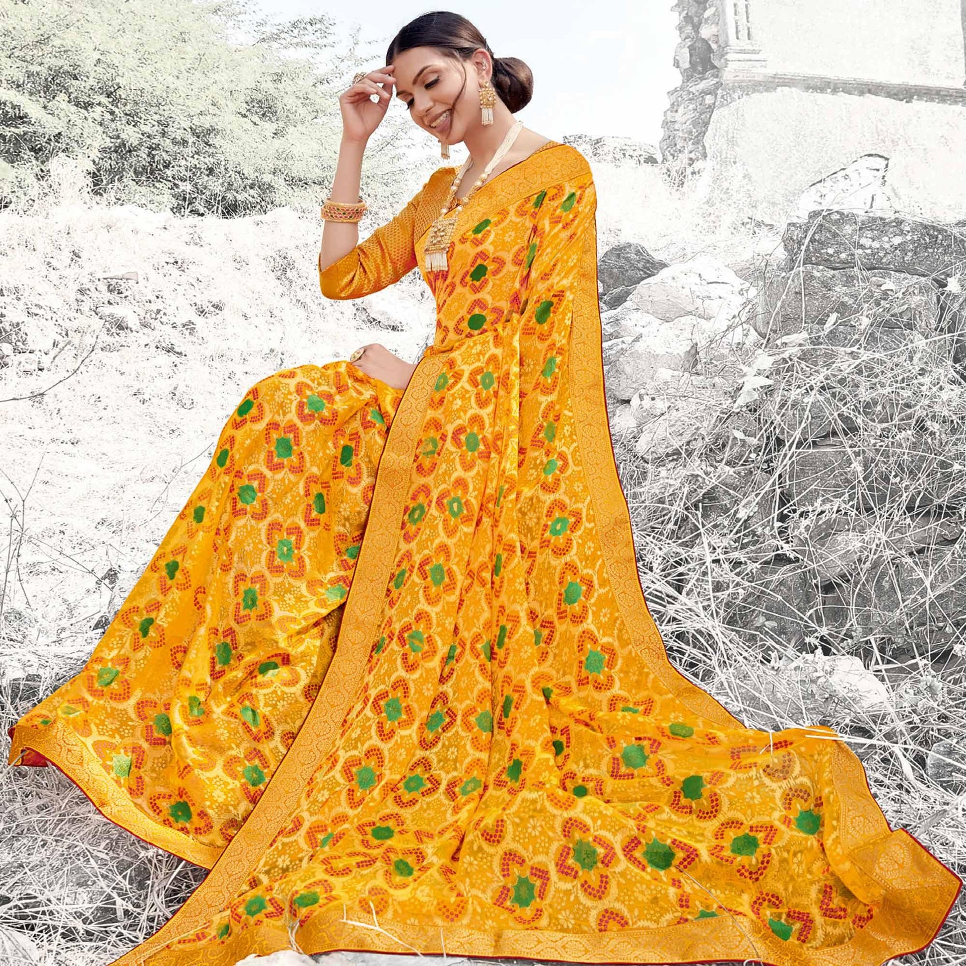 Innovative Mustard Yellow Coloured Partywear Printed Brasso Saree