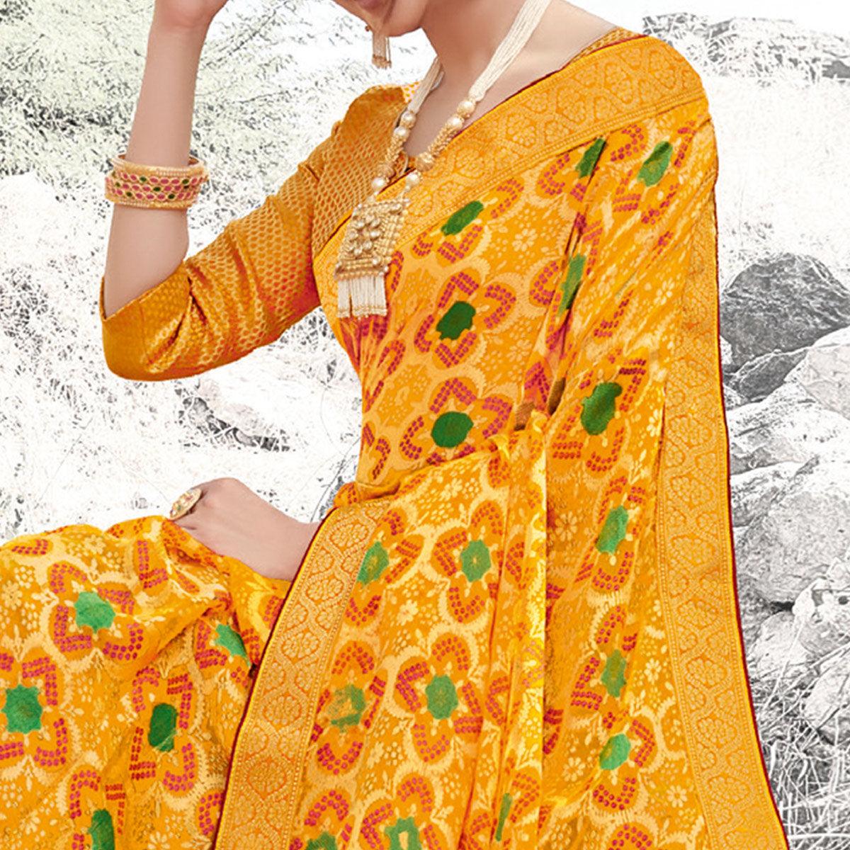 Innovative Mustard Yellow Coloured Partywear Printed Brasso Saree