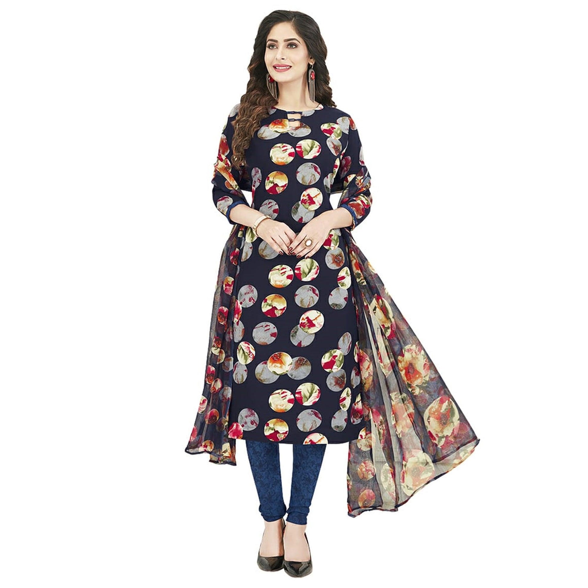 Innovative Navy Blue Colored Casual Wear Printed Crepe Dress Material