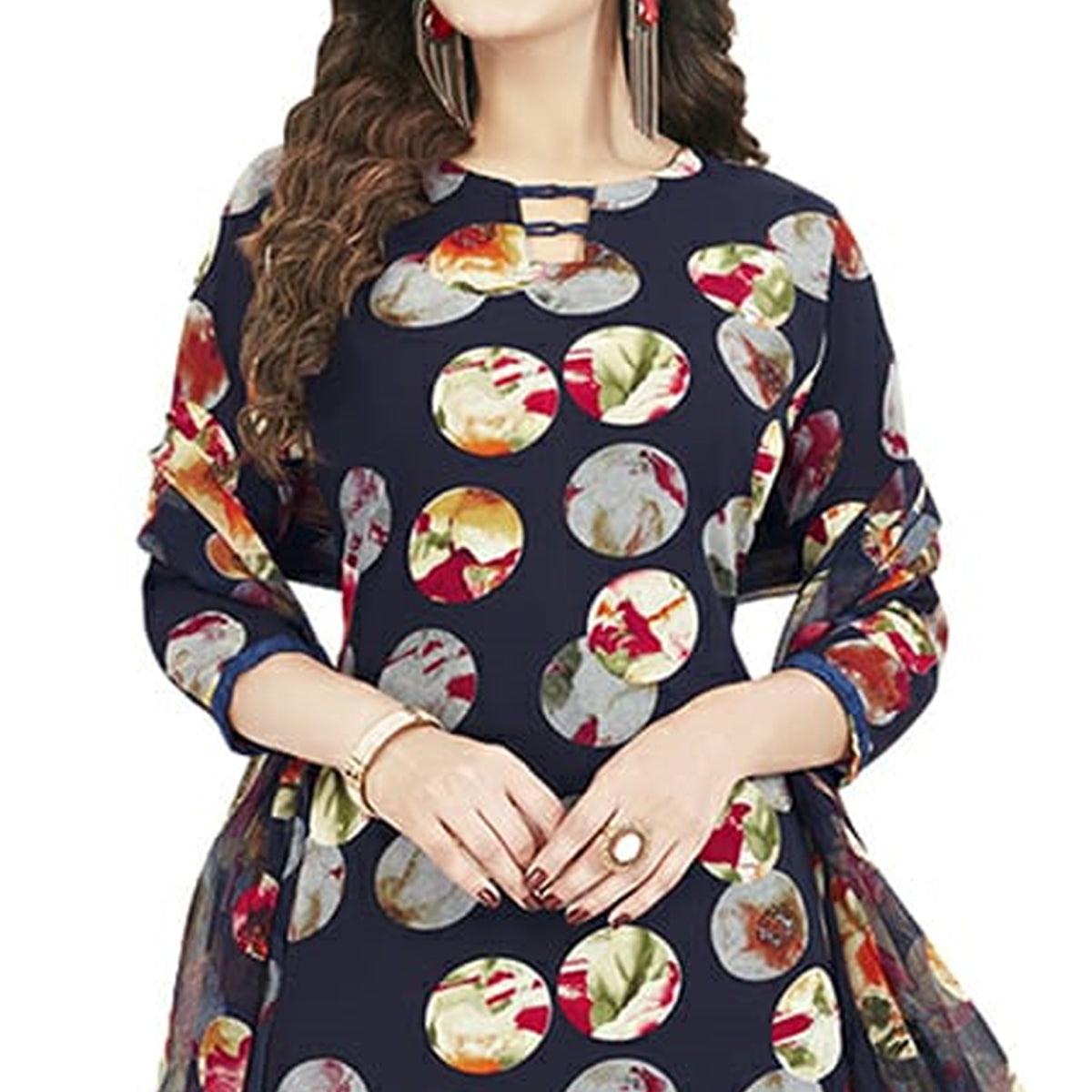 Innovative Navy Blue Colored Casual Wear Printed Crepe Dress Material