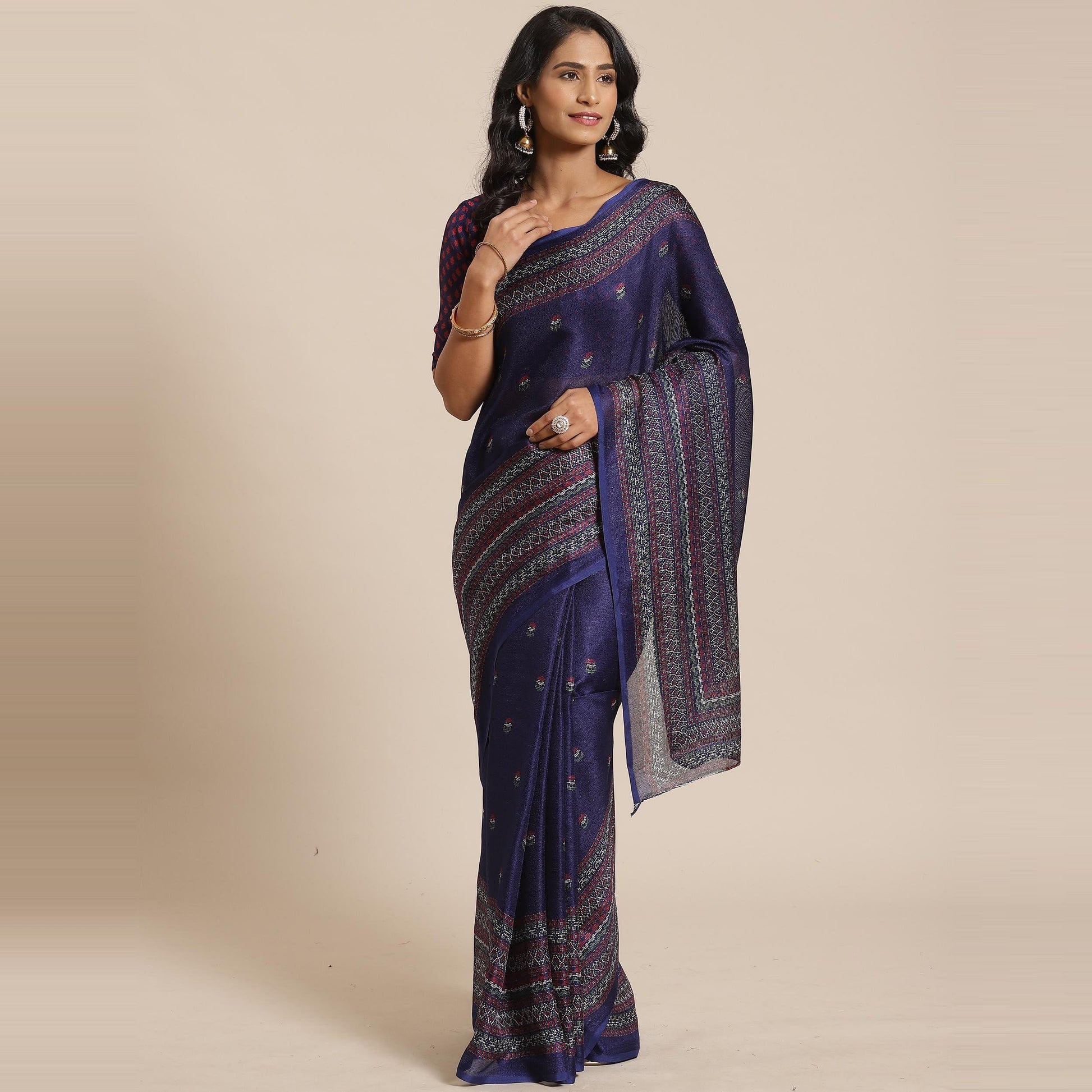 Innovative Navy Blue Colored Casual Wear Printed Jute Silk Saree