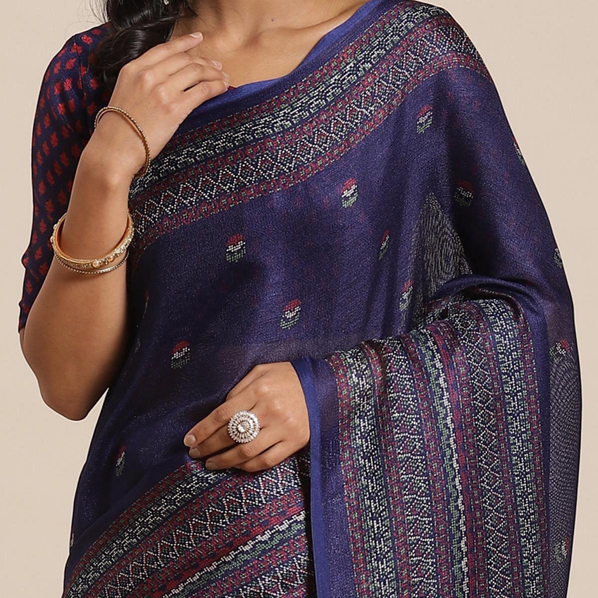 Innovative Navy Blue Colored Casual Wear Printed Jute Silk Saree