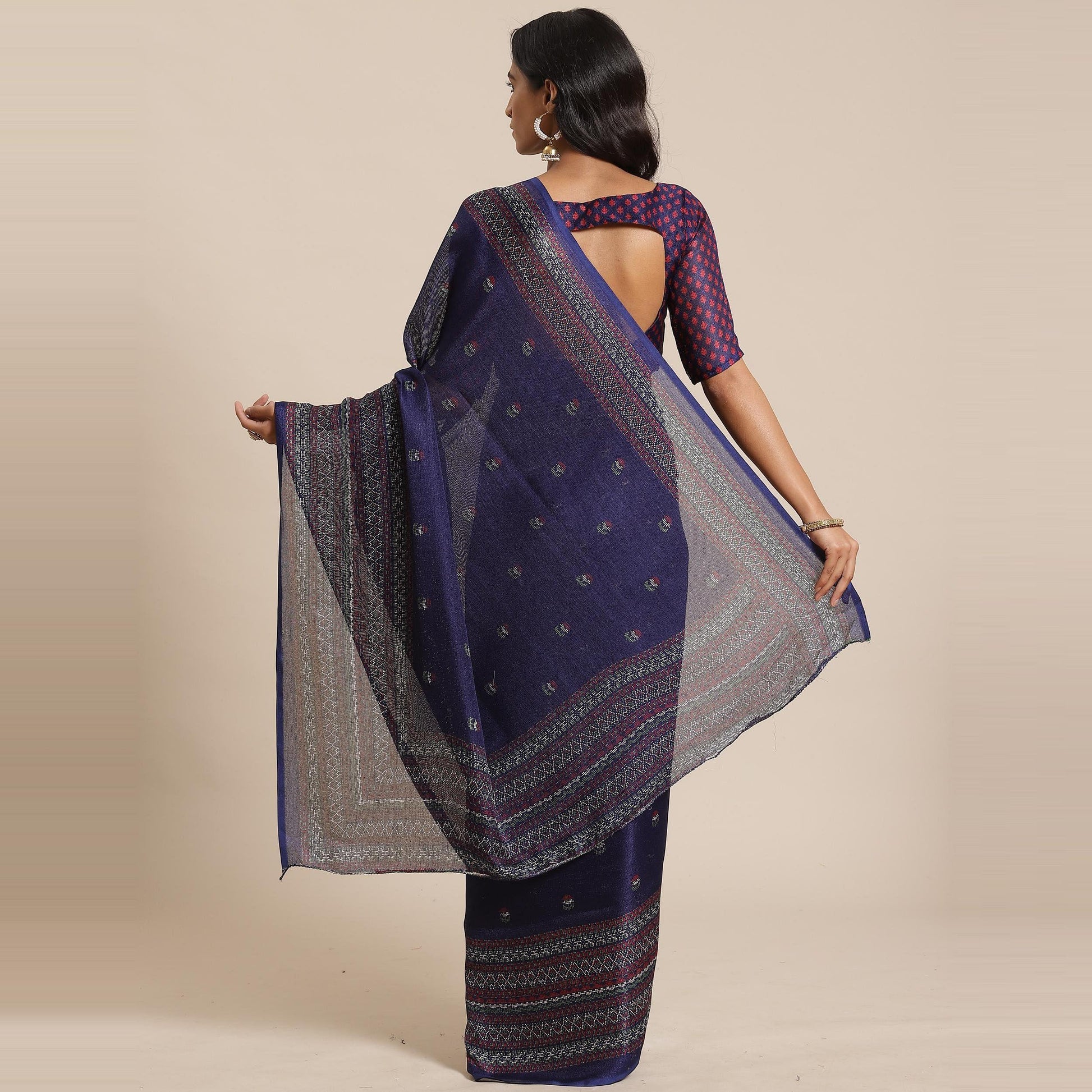 Innovative Navy Blue Colored Casual Wear Printed Jute Silk Saree
