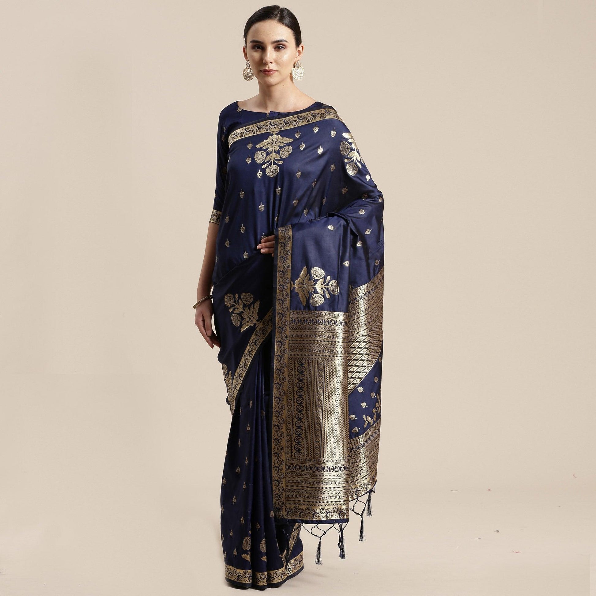 Innovative Navy Blue Colored Festive Wear Silk Blend Woven Floral Saree With Tassels
