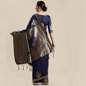 Innovative Navy Blue Colored Festive Wear Silk Blend Woven Floral Saree With Tassels