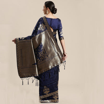 Innovative Navy Blue Colored Festive Wear Silk Blend Woven Floral Saree With Tassels