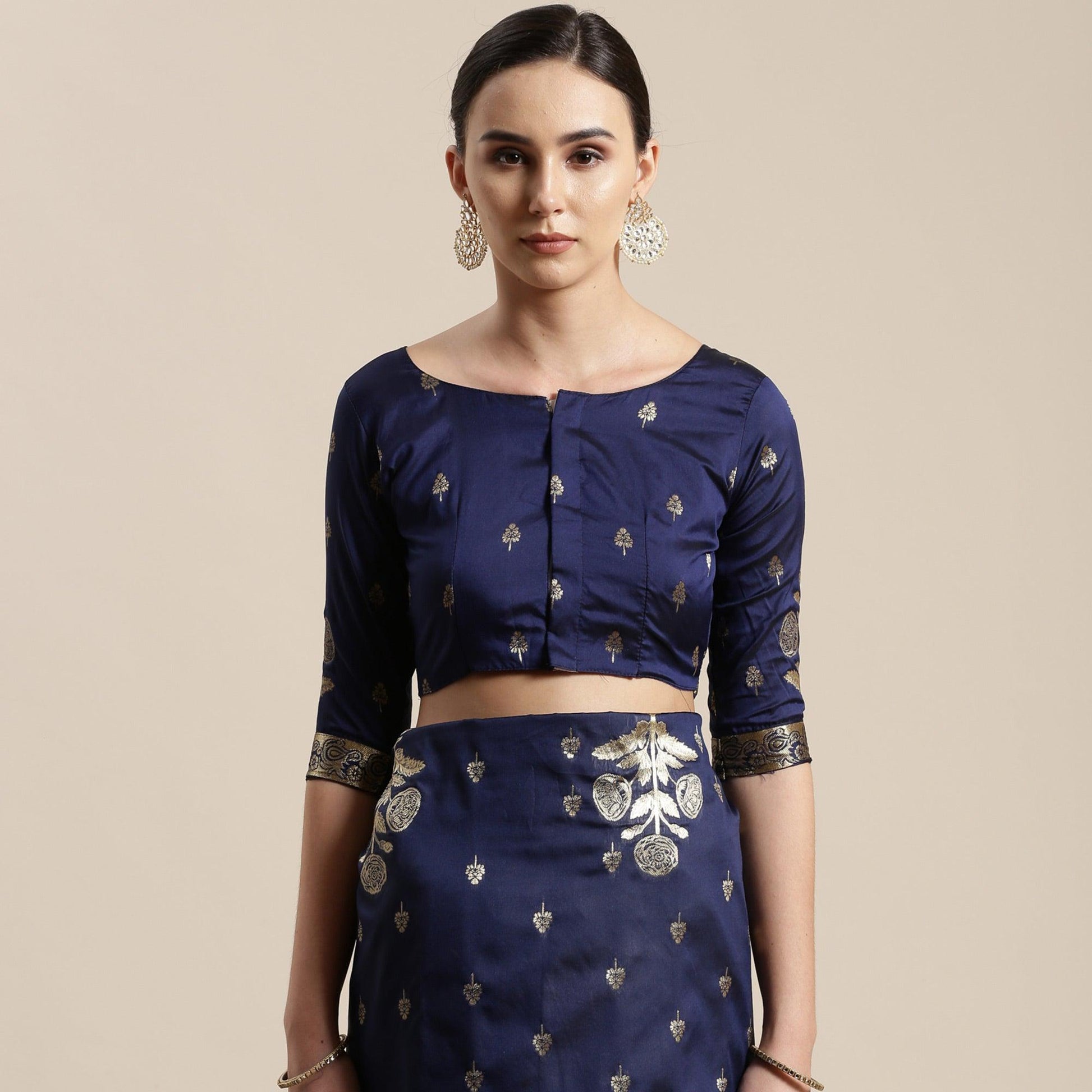 Innovative Navy Blue Colored Festive Wear Silk Blend Woven Floral Saree With Tassels