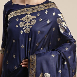Innovative Navy Blue Colored Festive Wear Silk Blend Woven Floral Saree With Tassels