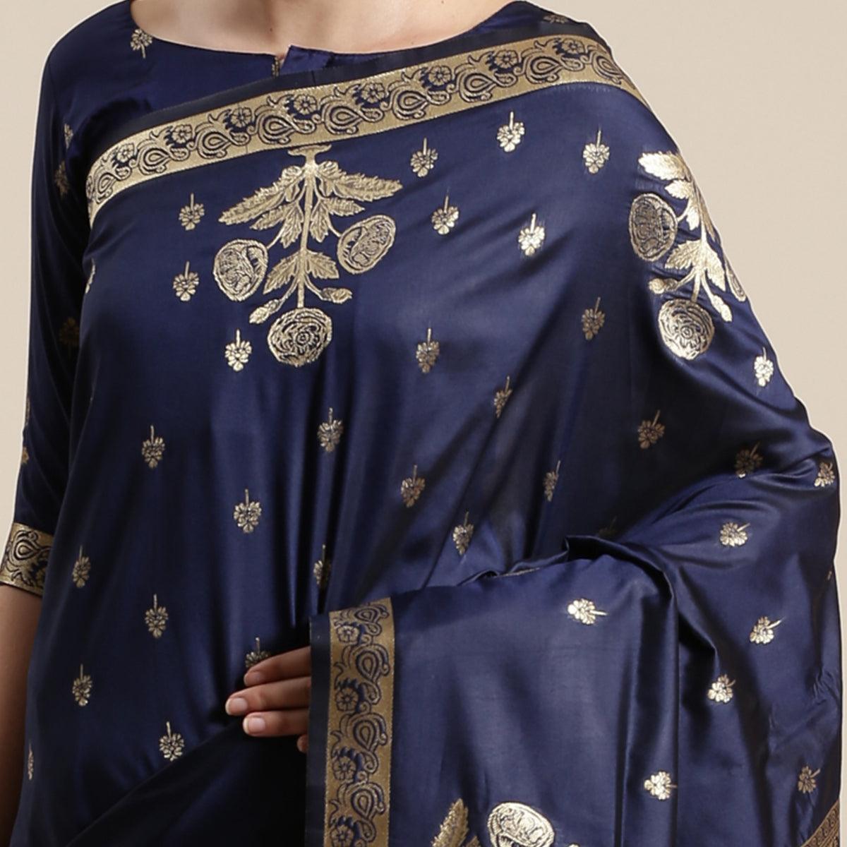 Innovative Navy Blue Colored Festive Wear Silk Blend Woven Floral Saree With Tassels