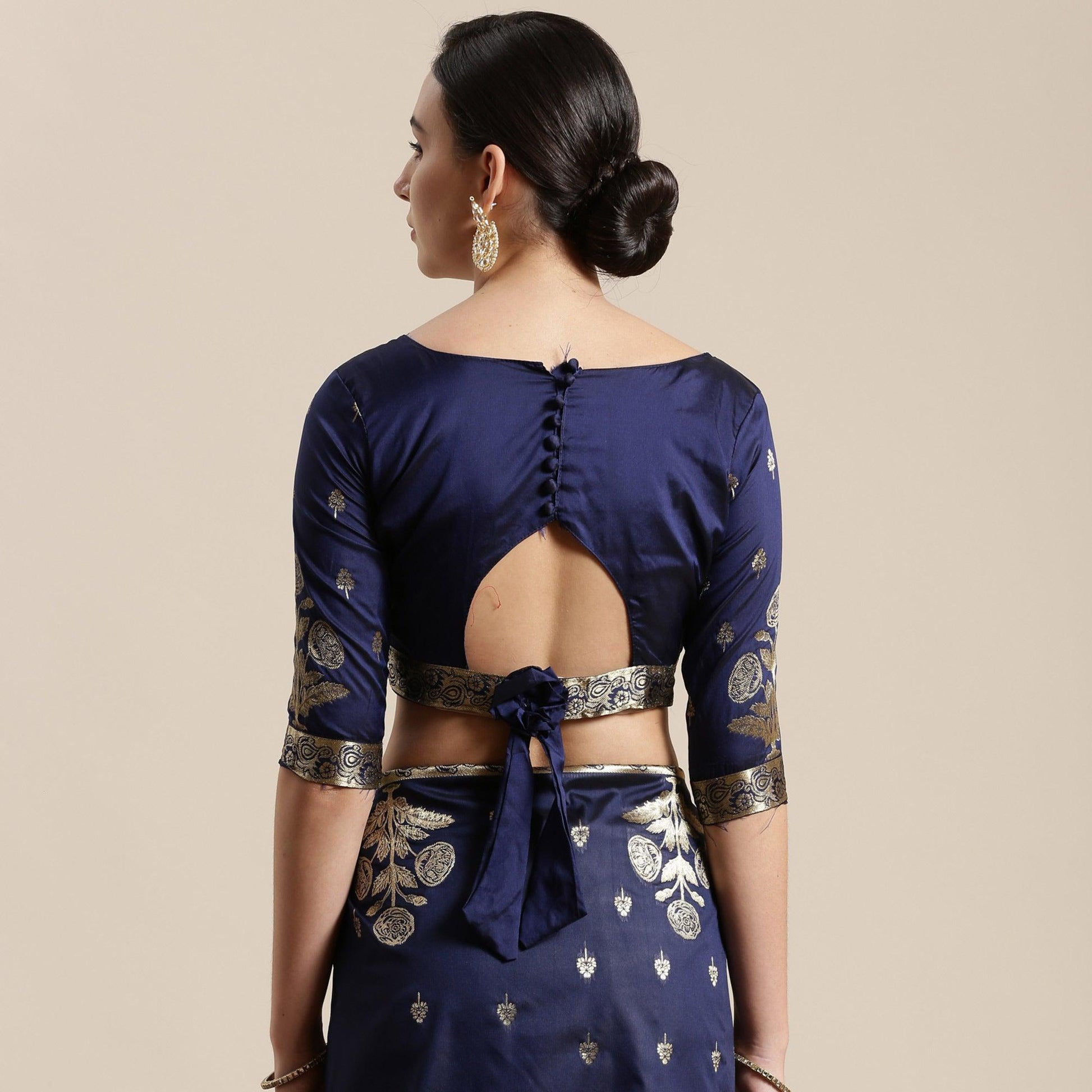 Innovative Navy Blue Colored Festive Wear Silk Blend Woven Floral Saree With Tassels