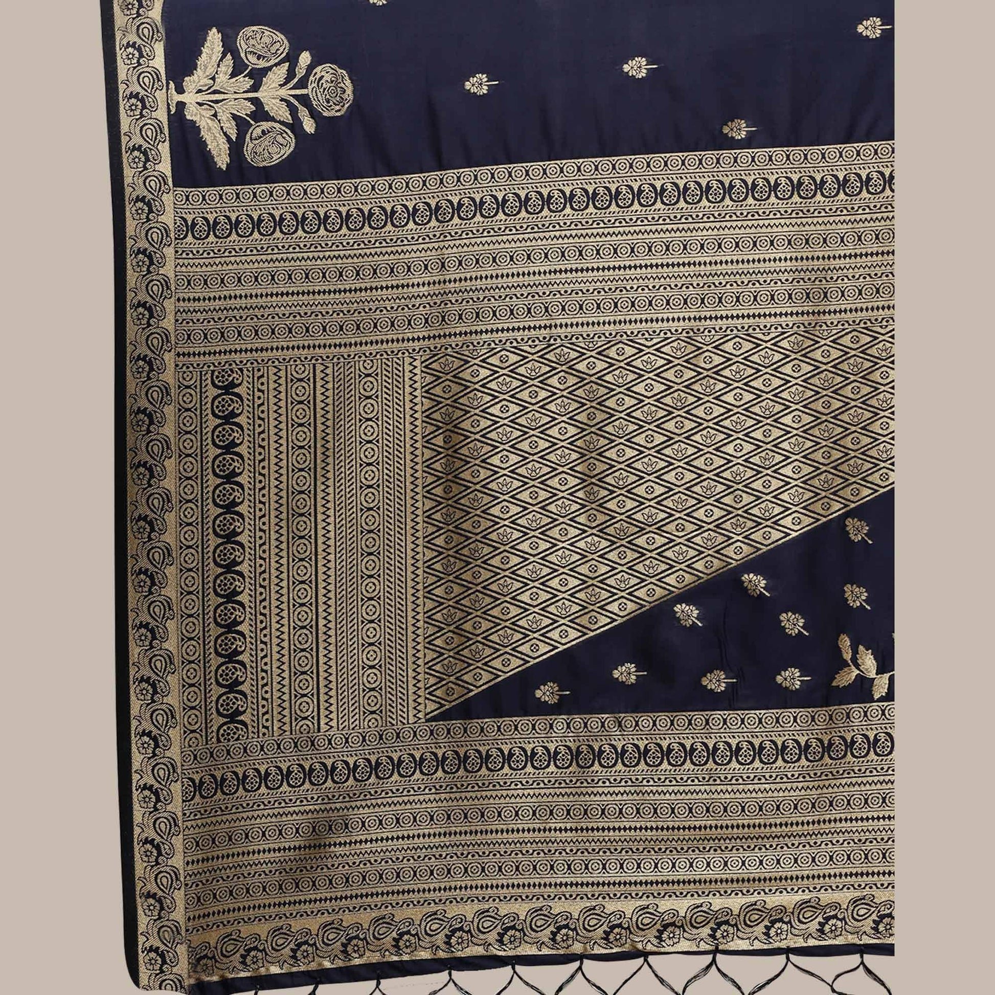 Innovative Navy Blue Colored Festive Wear Silk Blend Woven Floral Saree With Tassels