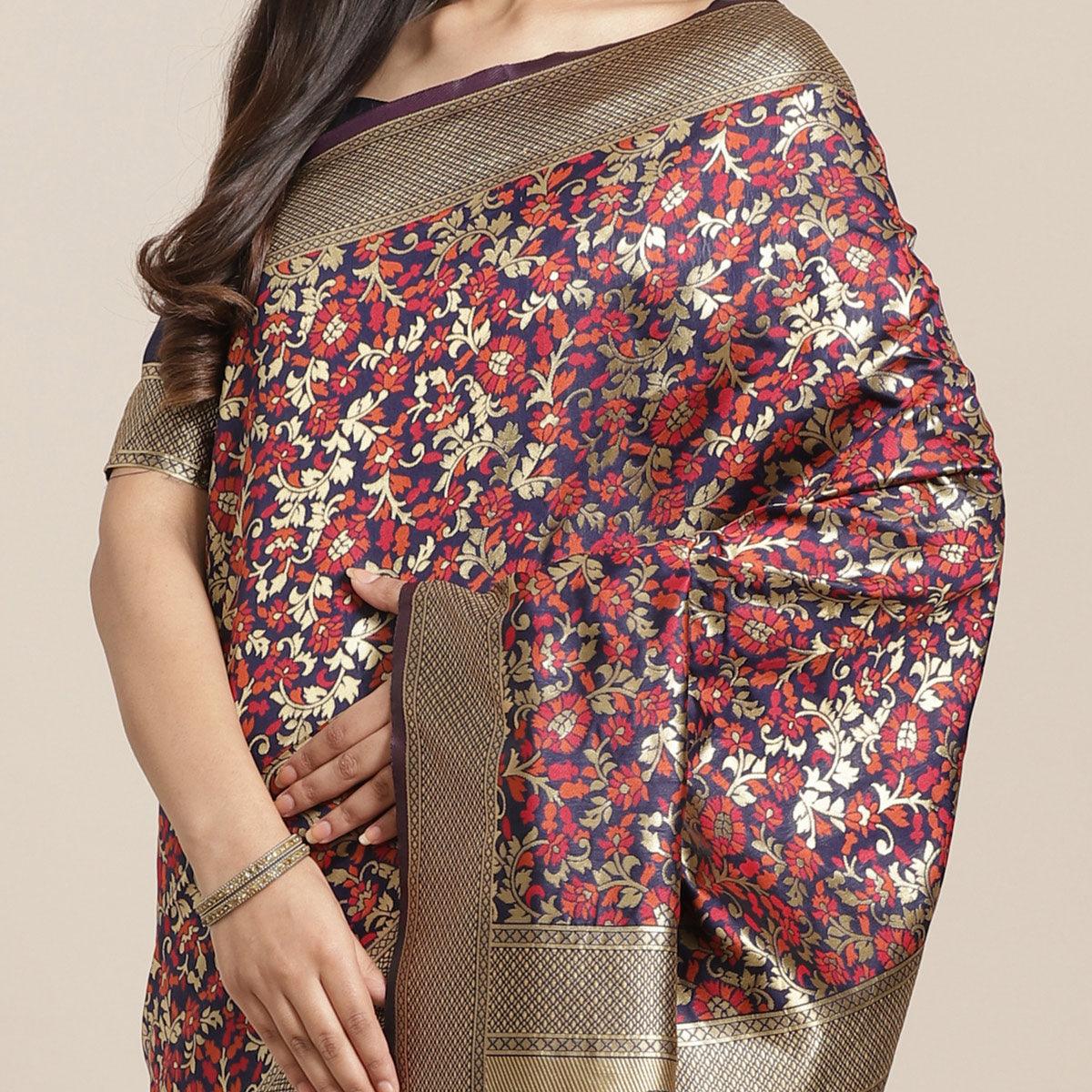 Innovative Navy Blue Colored Festive Wear Woven Silk Blend Saree