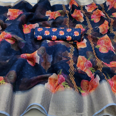 Innovative Navy Blue Colored Partywear Digital Printed Georgette Saree