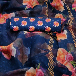 Innovative Navy Blue Colored Partywear Digital Printed Georgette Saree
