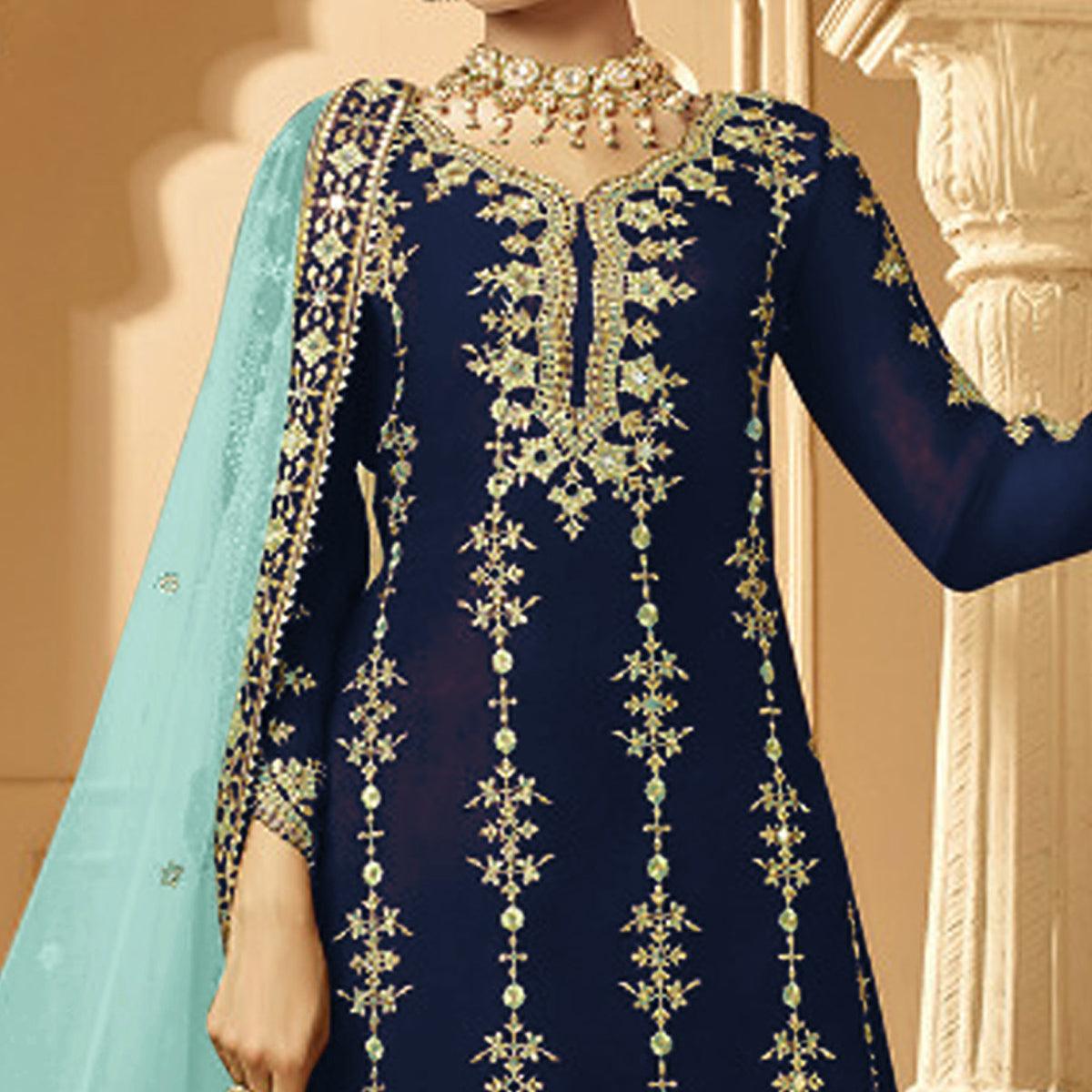 Innovative Navy Blue Colored Partywear Embroidered Faux Georgette Palazzo suit