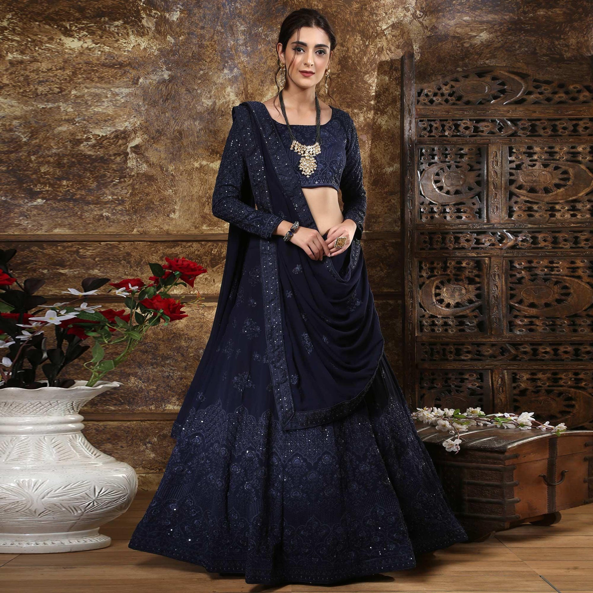 Innovative Navy Blue Colored Partywear Embroidered Gerogette Lehenga Choli