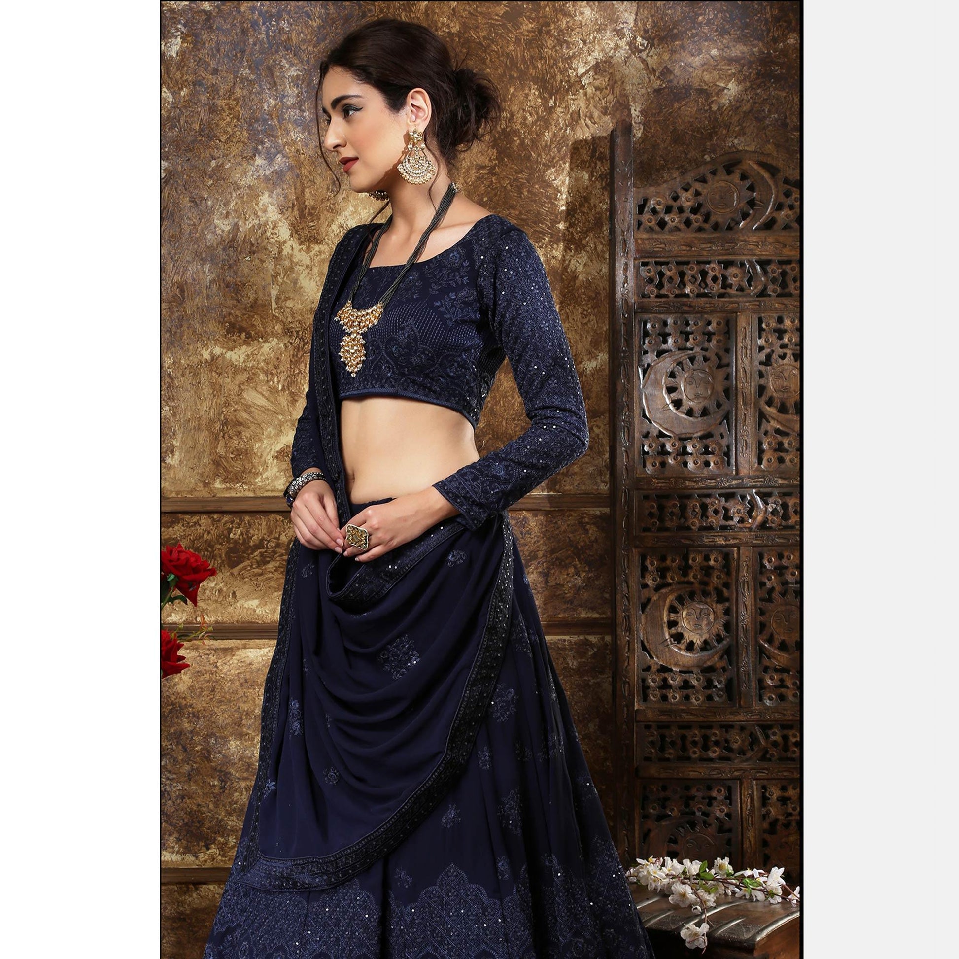 Innovative Navy Blue Colored Partywear Embroidered Gerogette Lehenga Choli