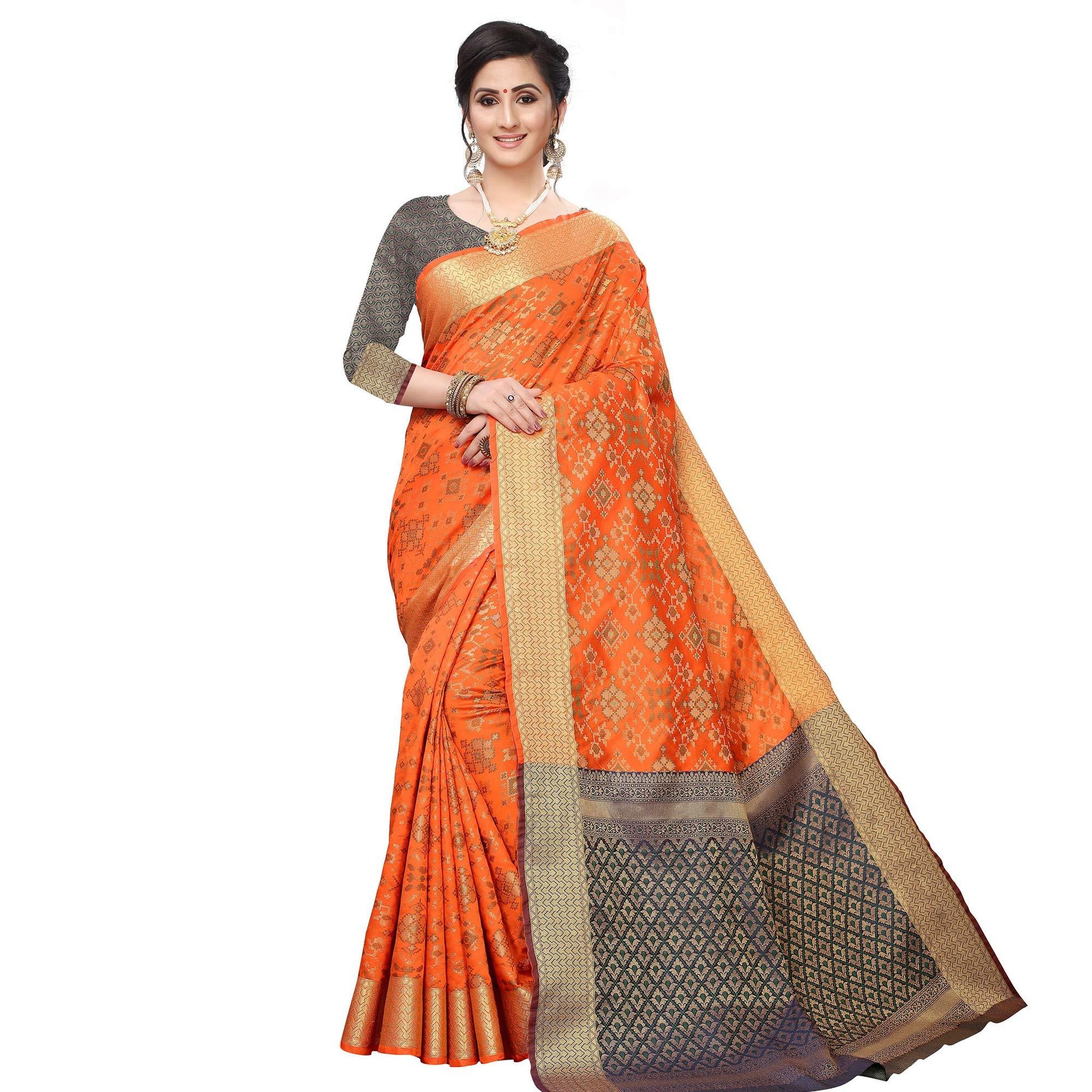 Innovative Orange Colored Festive Wear Woven Kanjivaram Silk Saree