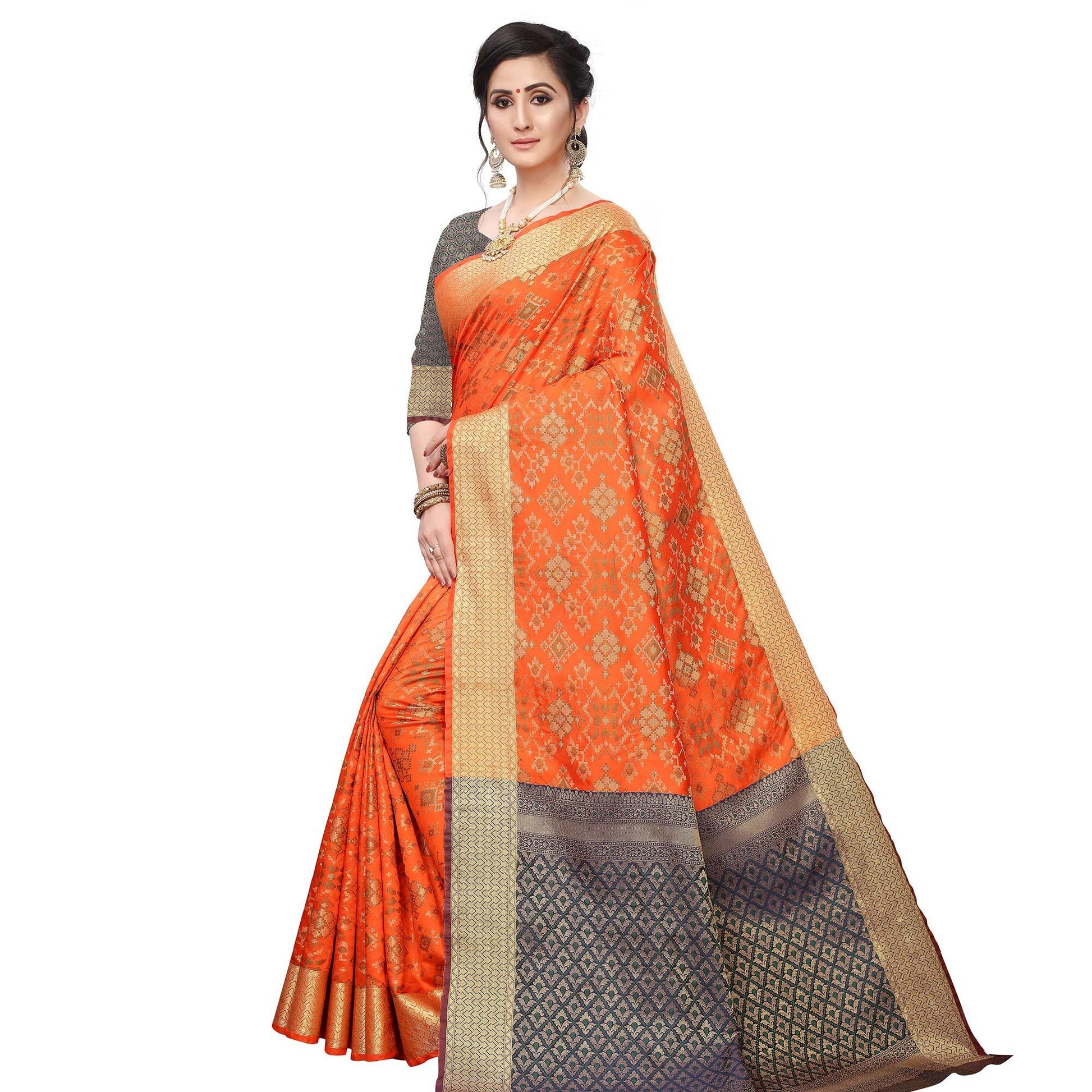 Innovative Orange Colored Festive Wear Woven Kanjivaram Silk Saree