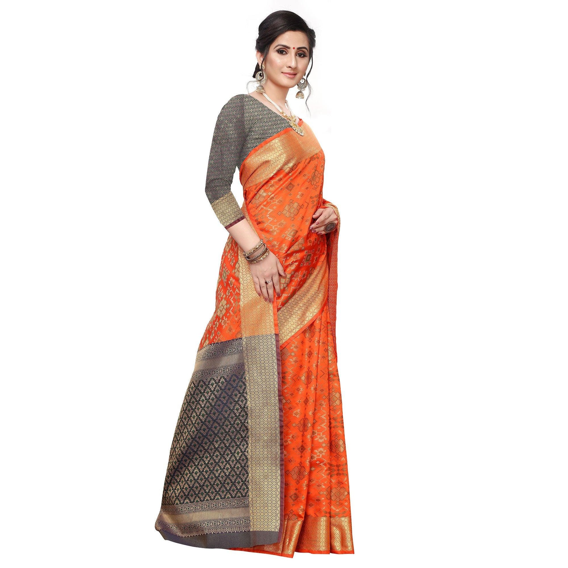 Innovative Orange Colored Festive Wear Woven Kanjivaram Silk Saree