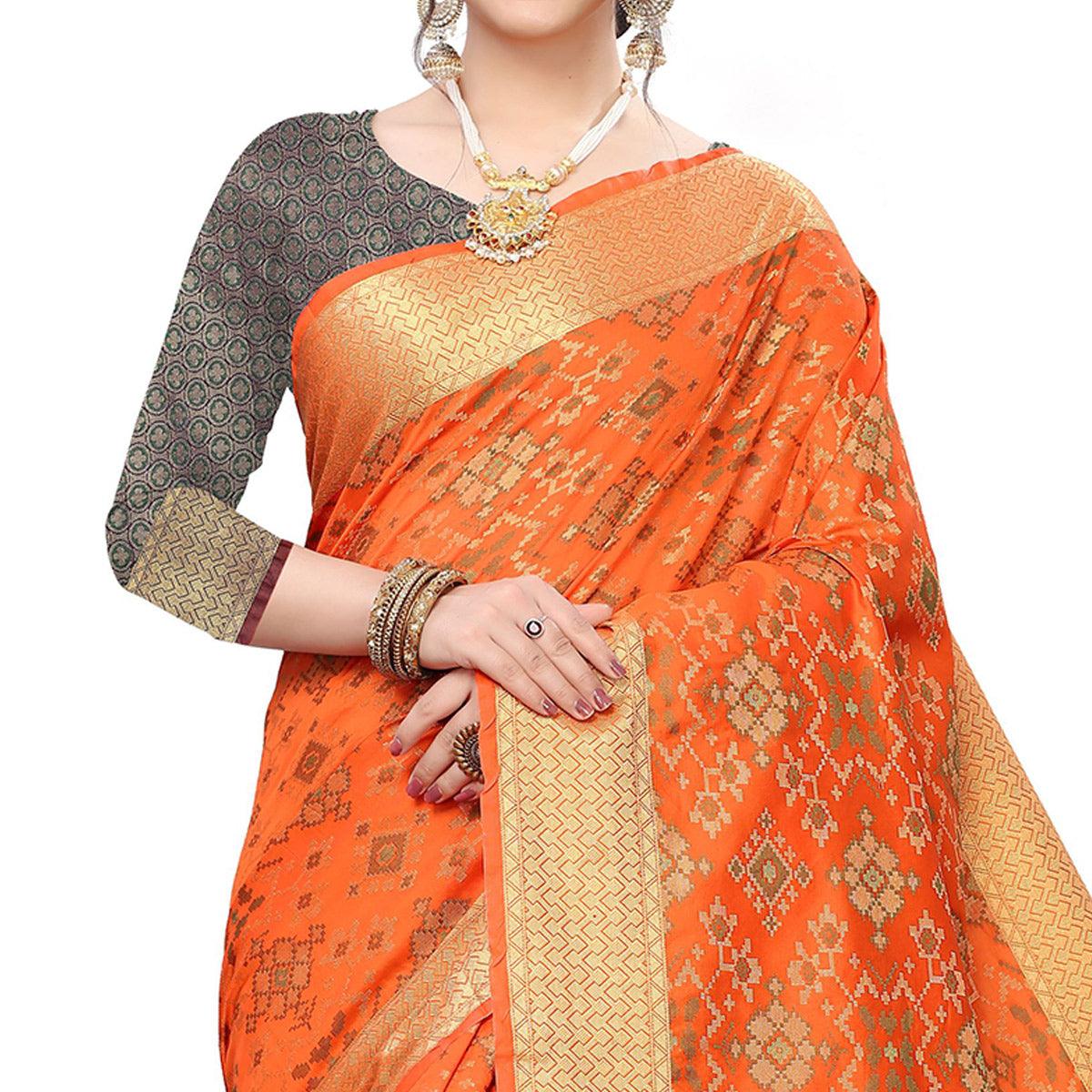 Innovative Orange Colored Festive Wear Woven Kanjivaram Silk Saree