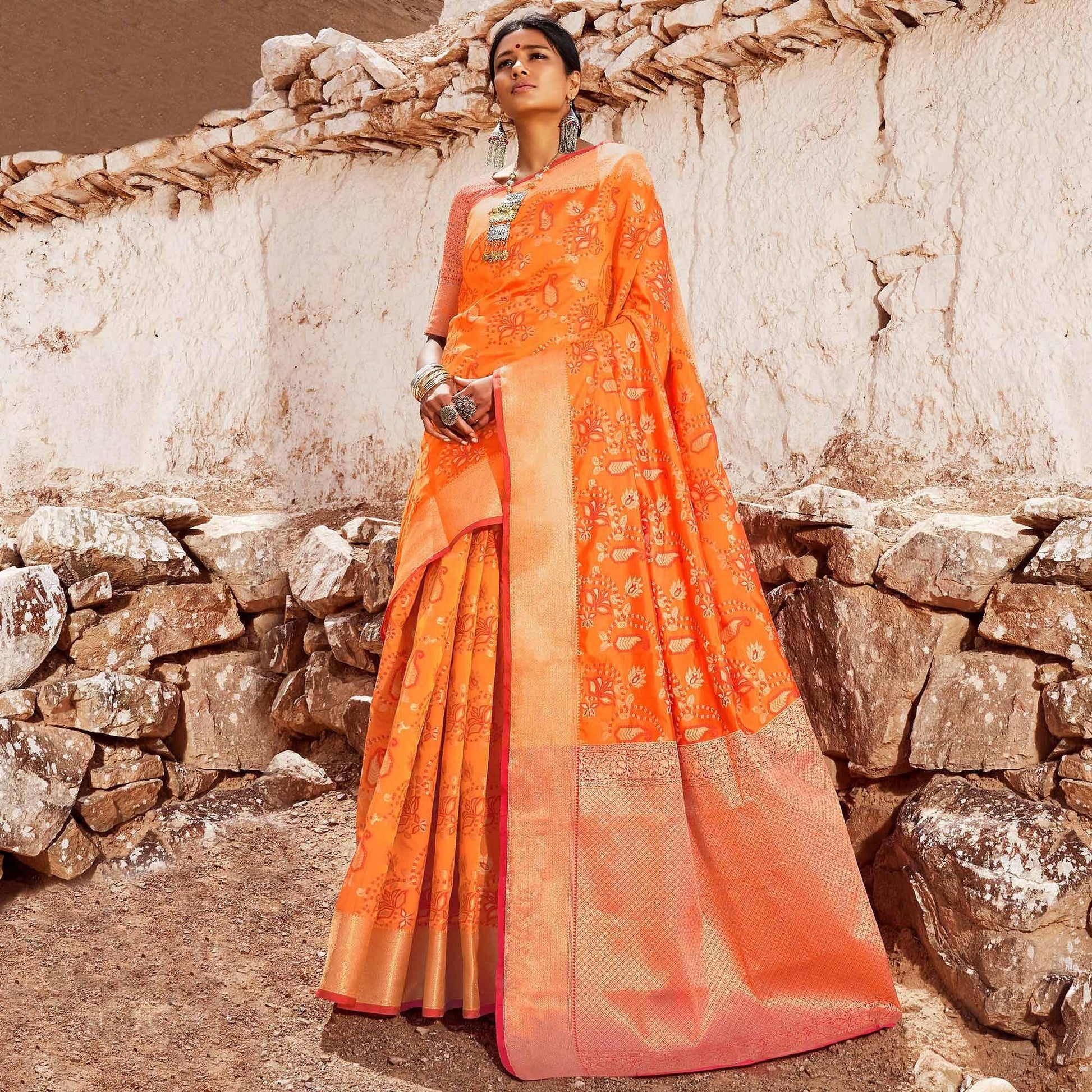 Innovative Orange Colored Festive Wear Woven Silk Saree