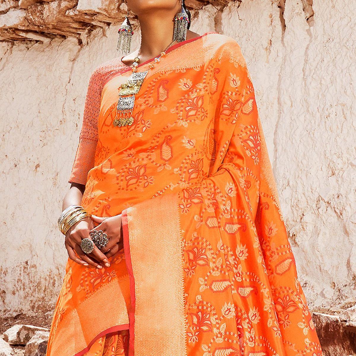 Innovative Orange Colored Festive Wear Woven Silk Saree