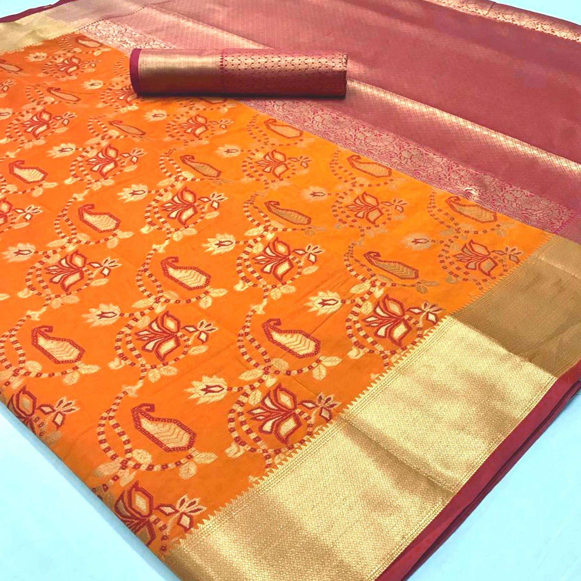 Innovative Orange Colored Festive Wear Woven Silk Saree