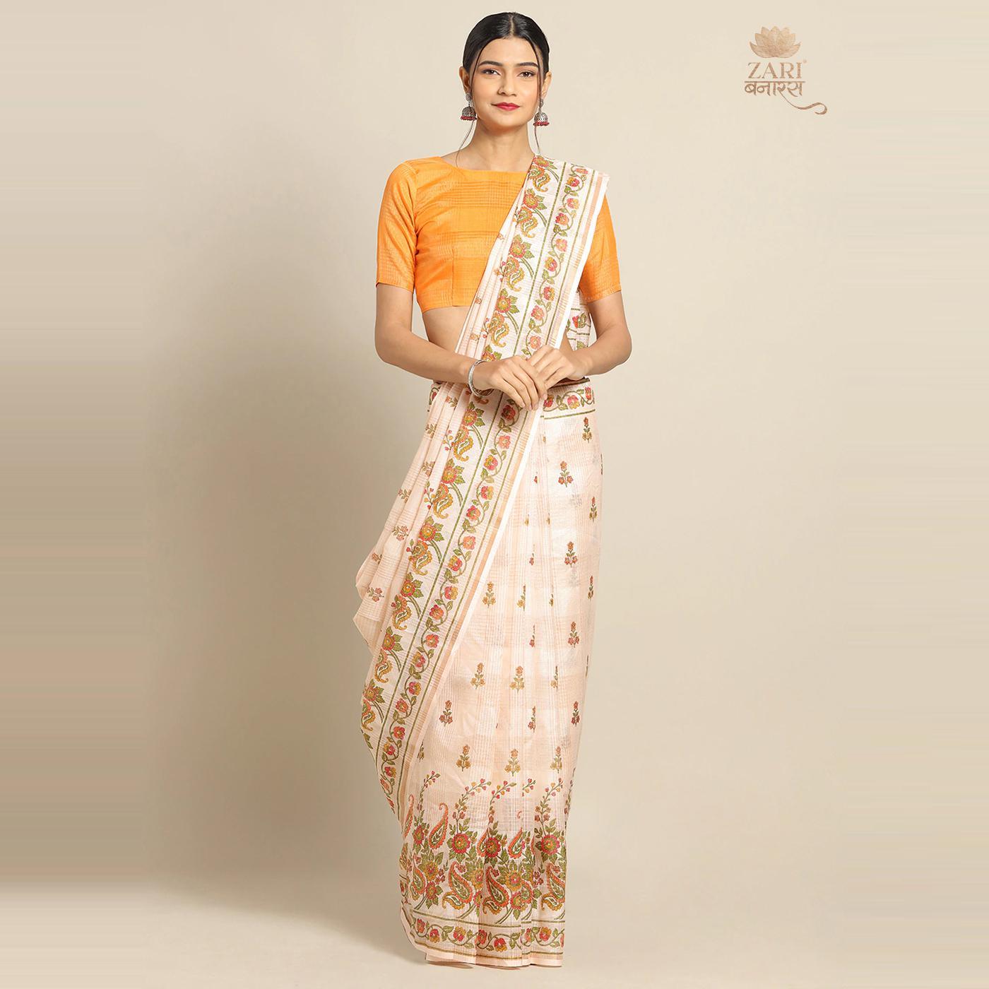 Innovative Peach Colored Casual Wear Floral Printed Linen Saree