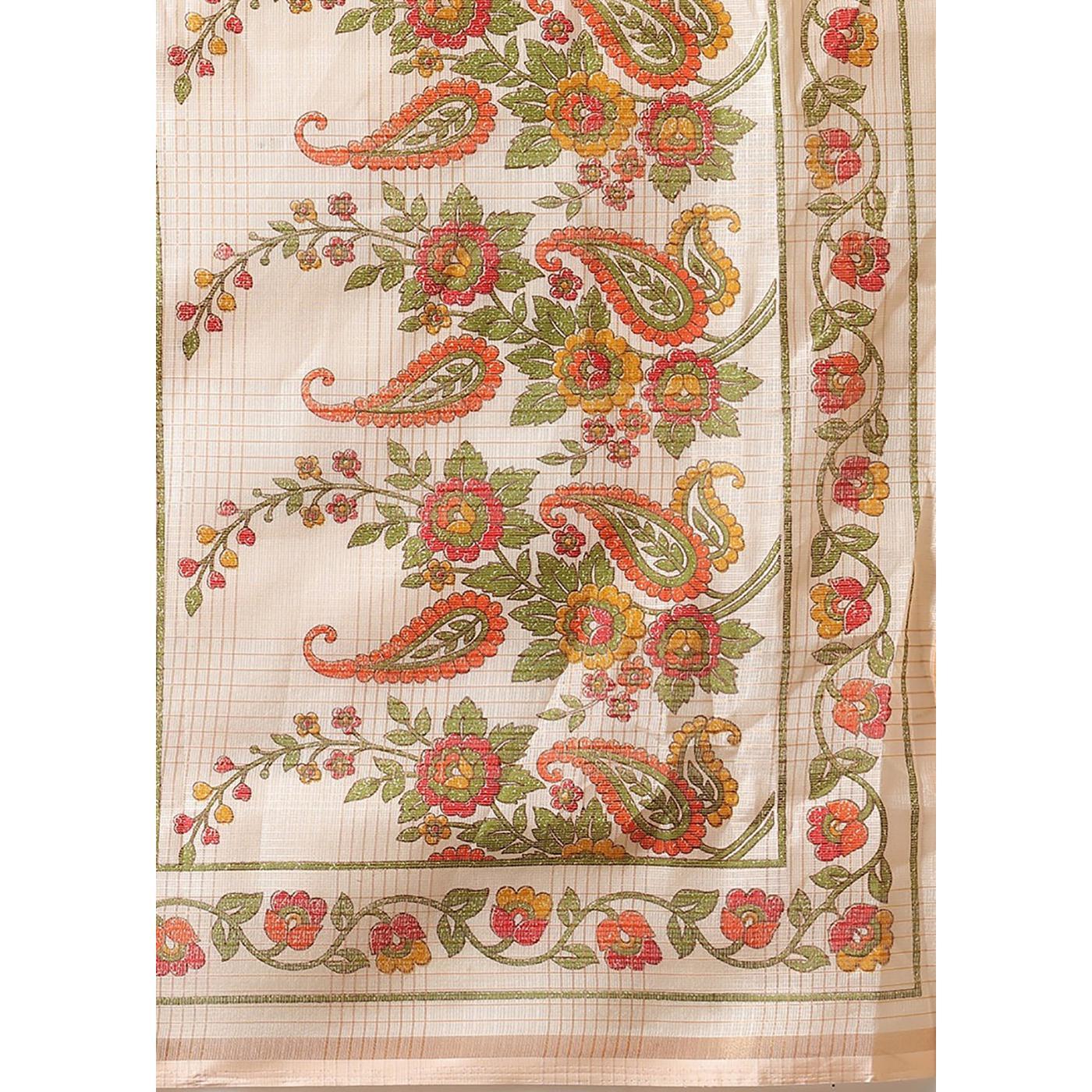 Innovative Peach Colored Casual Wear Floral Printed Linen Saree