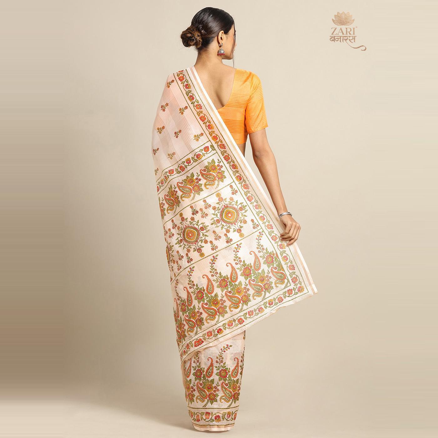 Innovative Peach Colored Casual Wear Floral Printed Linen Saree