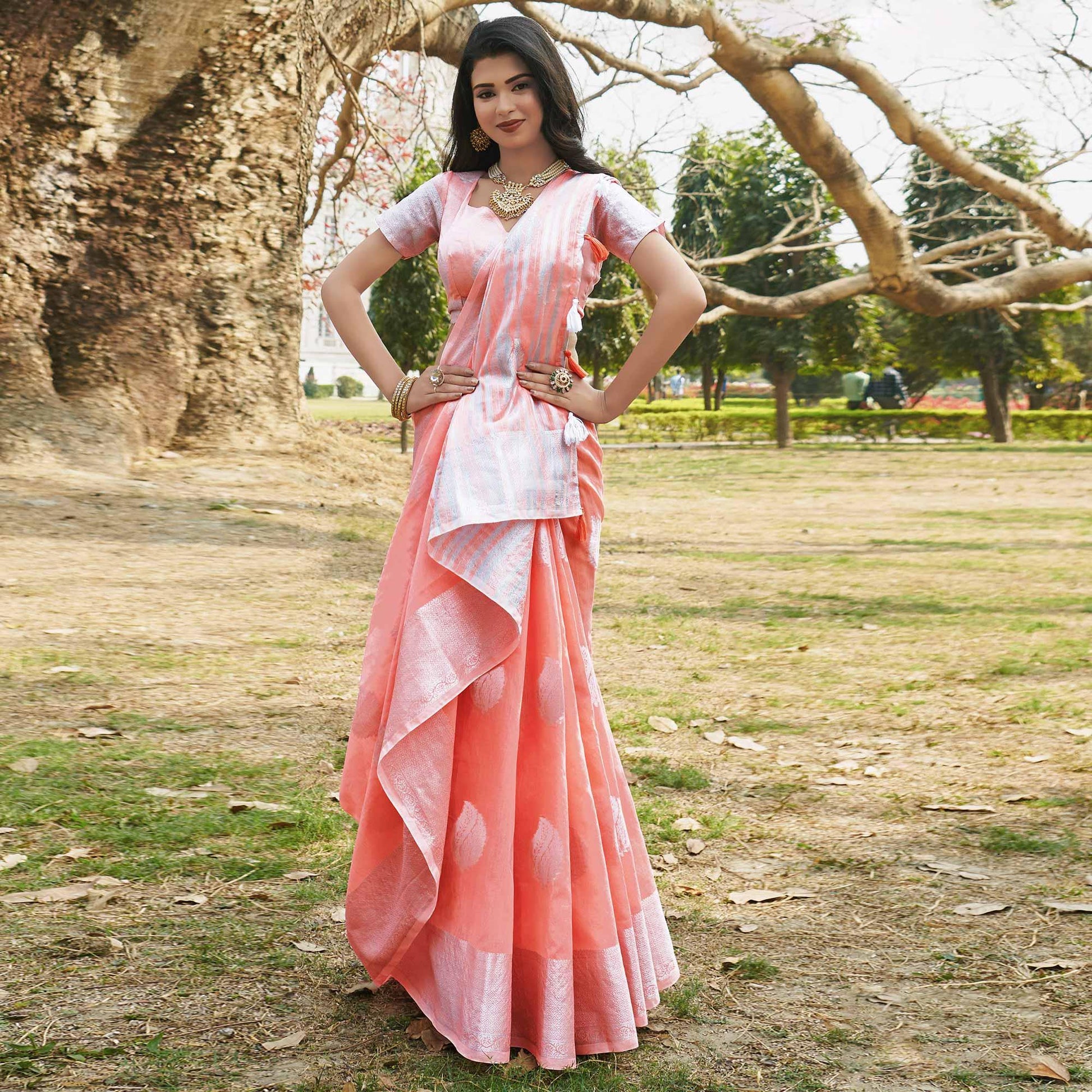 Innovative Peach Colored Festive Wear Woven Linen Cotton Saree