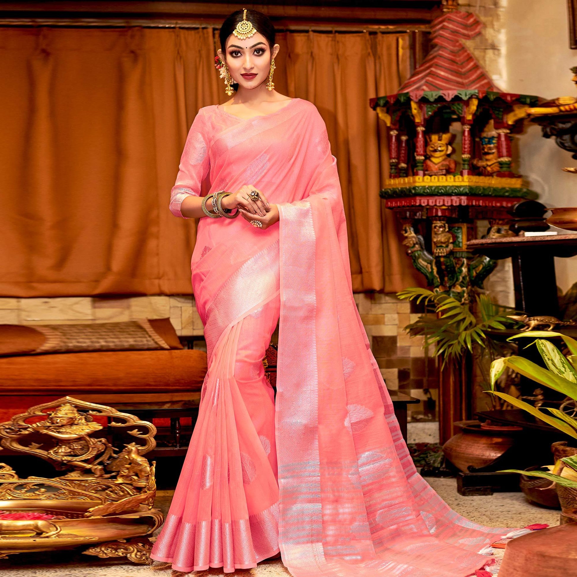 Innovative Peach Colored Festive Wear Woven Linen Sareee