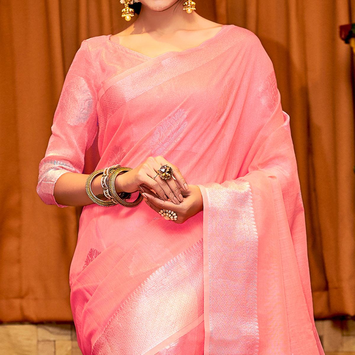 Innovative Peach Colored Festive Wear Woven Linen Sareee