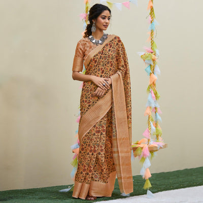 Innovative Peach Colored Party Wear Digital Printed Linen Saree