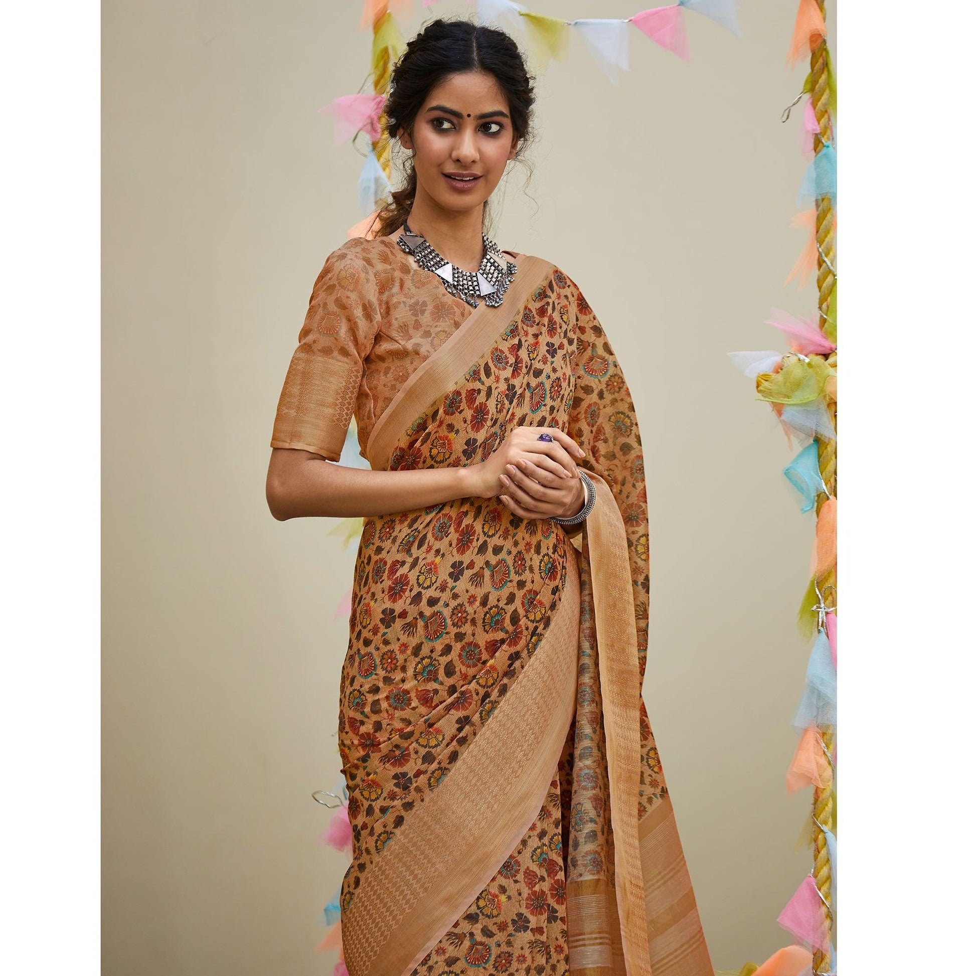Innovative Peach Colored Party Wear Digital Printed Linen Saree