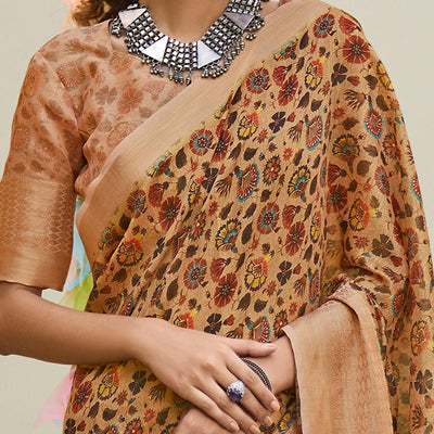 Innovative Peach Colored Party Wear Digital Printed Linen Saree