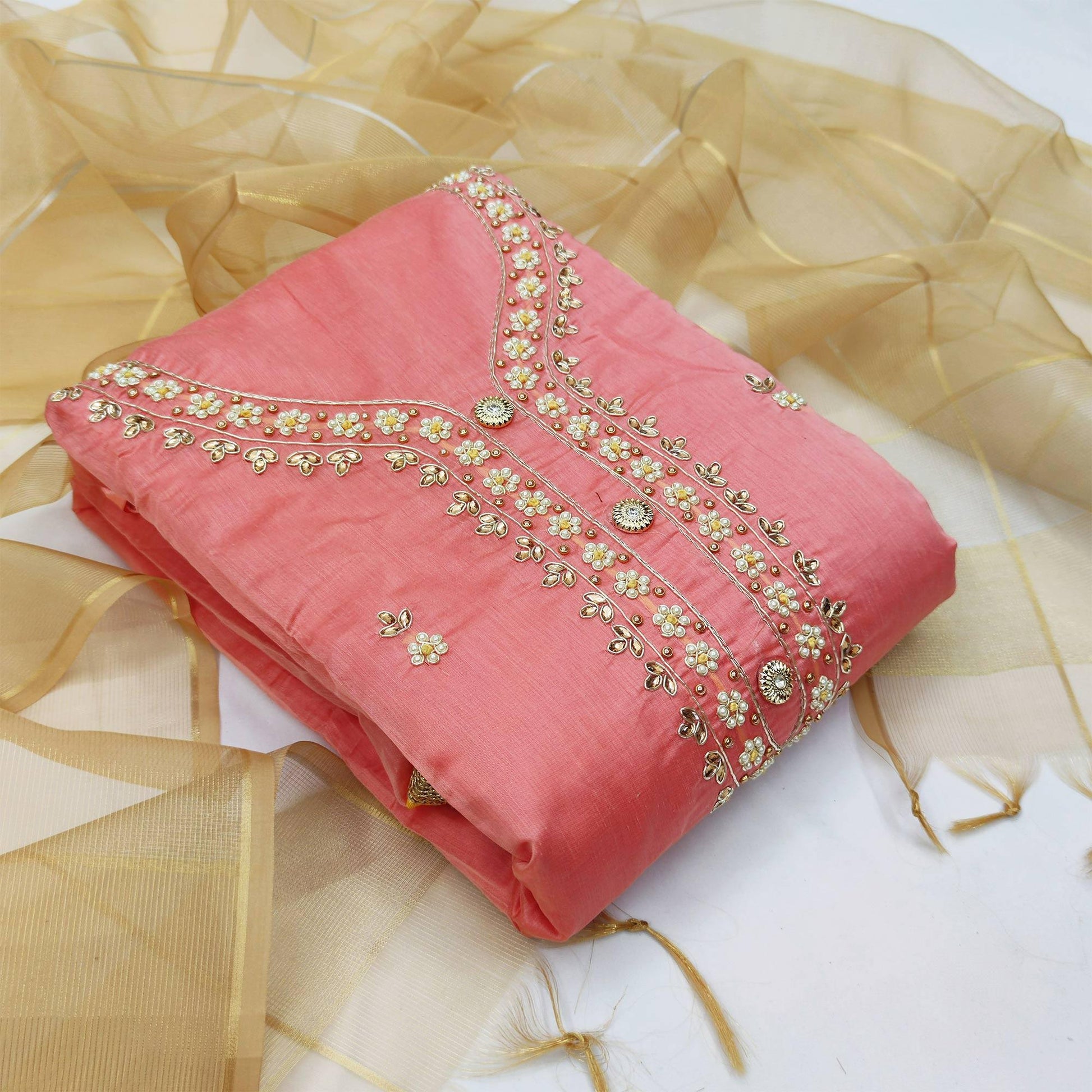 Innovative Pink Colored Casual Embroidered Modal Chanderi Dress Material