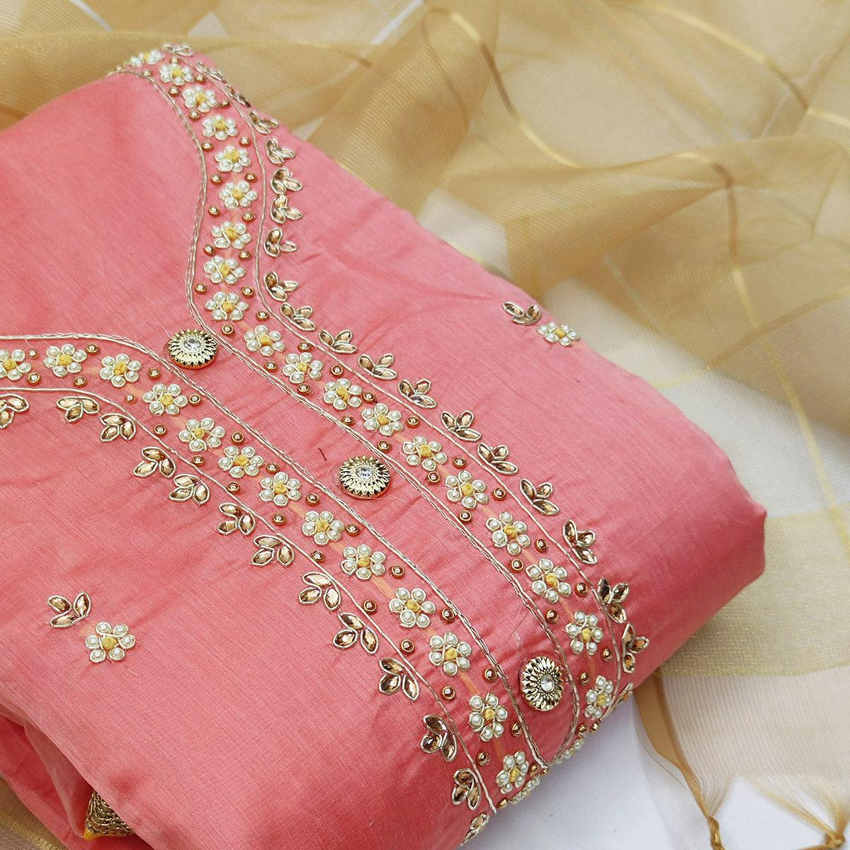 Innovative Pink Colored Casual Embroidered Modal Chanderi Dress Material