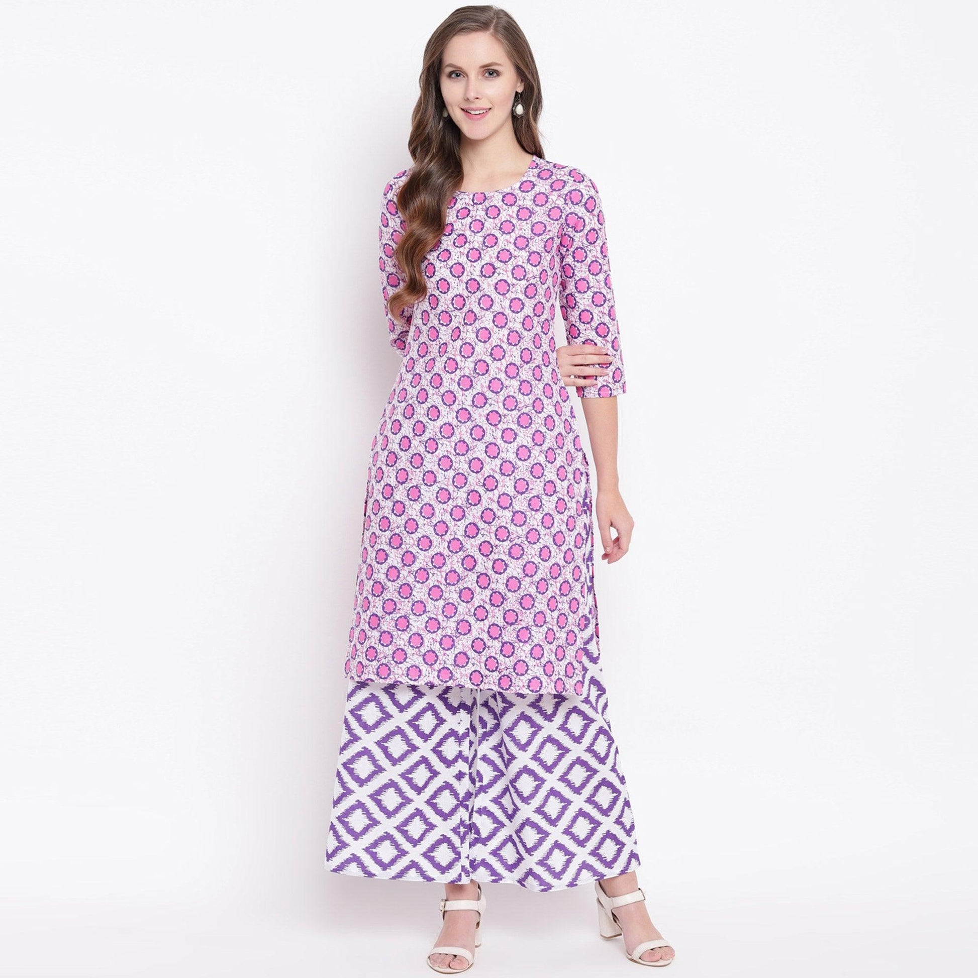 Innovative Pink Colored Casual Printed Cotton Kurti-Palazzo Set