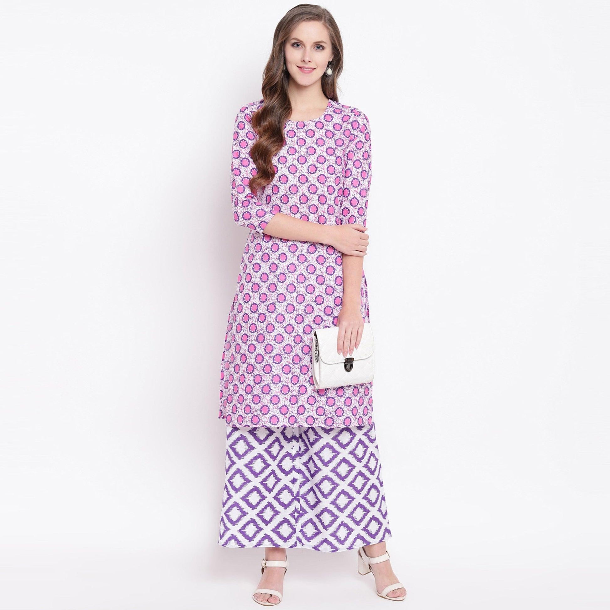 Innovative Pink Colored Casual Printed Cotton Kurti-Palazzo Set