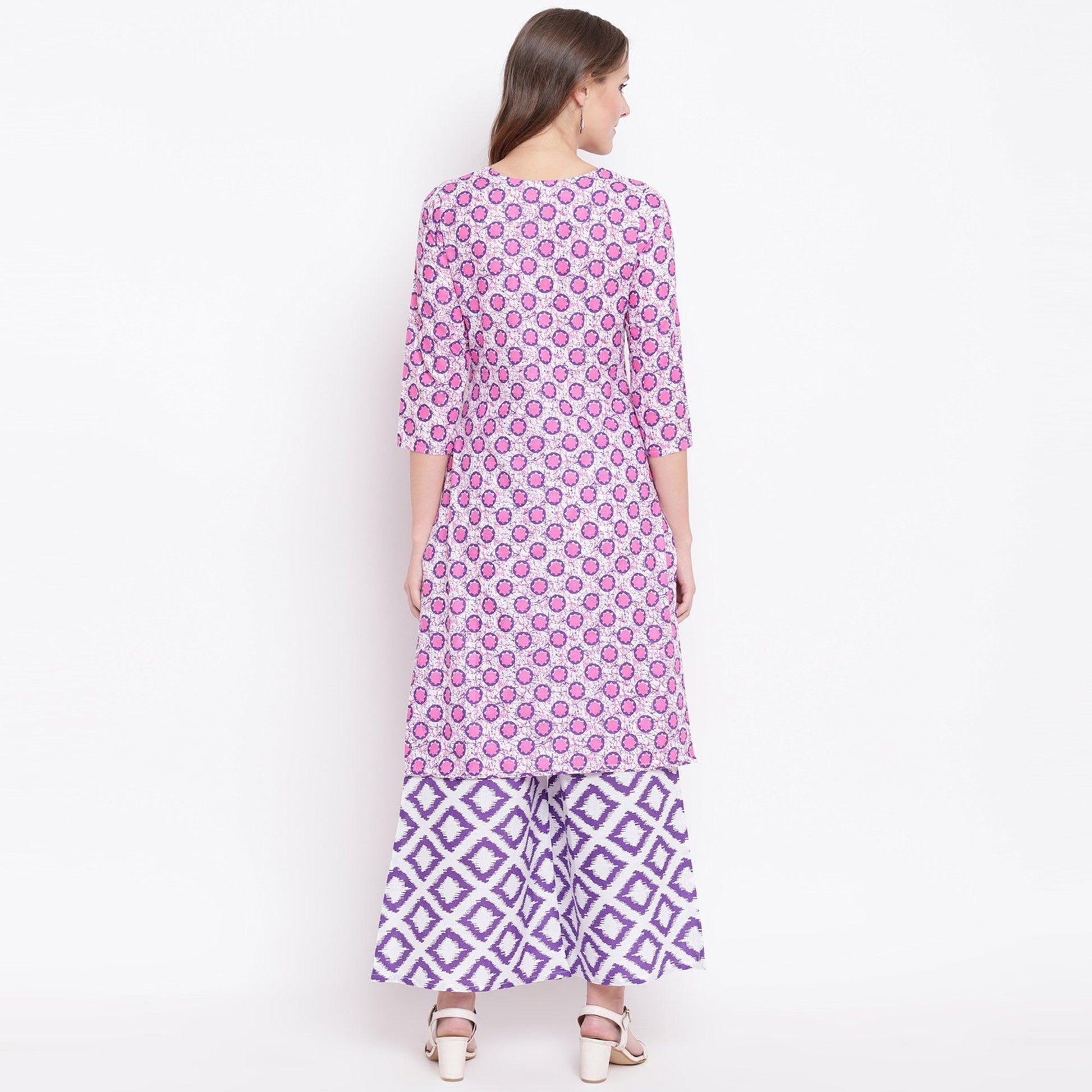 Innovative Pink Colored Casual Printed Cotton Kurti-Palazzo Set