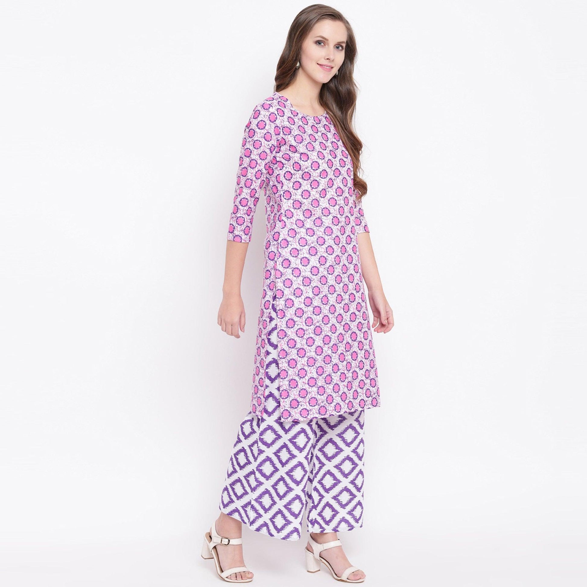 Innovative Pink Colored Casual Printed Cotton Kurti-Palazzo Set