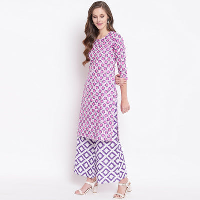 Innovative Pink Colored Casual Printed Cotton Kurti-Palazzo Set