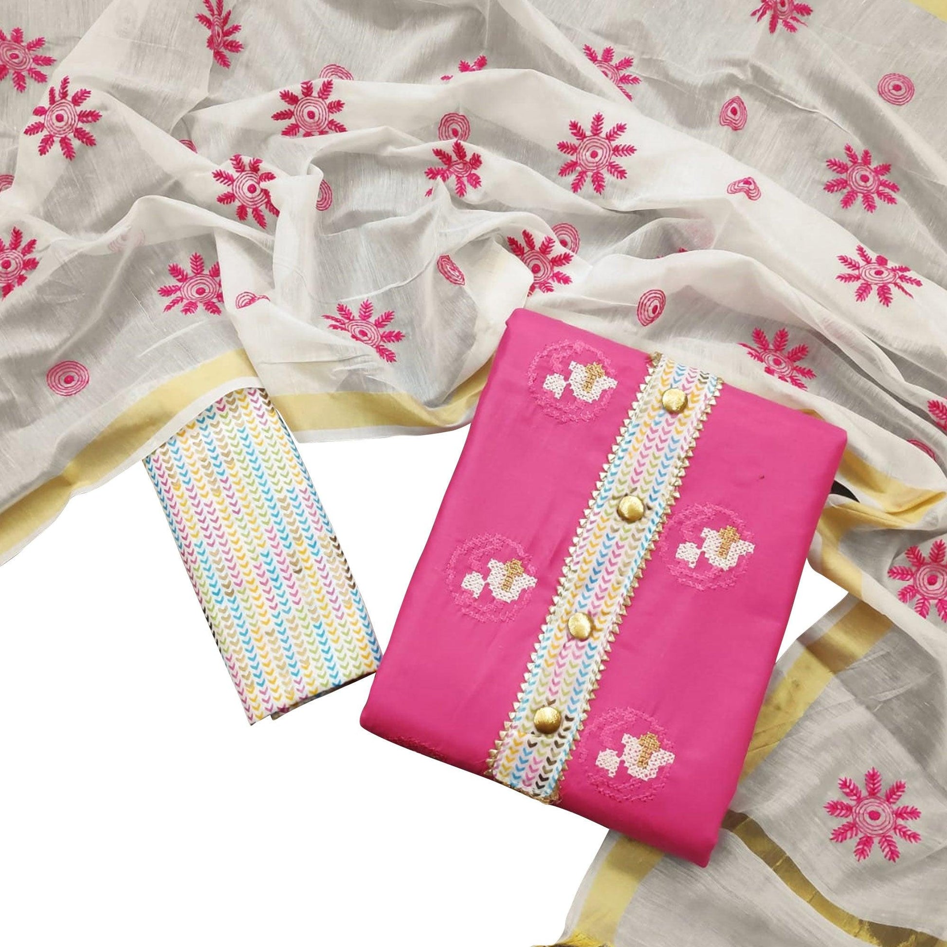Innovative Pink Colored Casual Wear Embroidered Cotton Dress Material