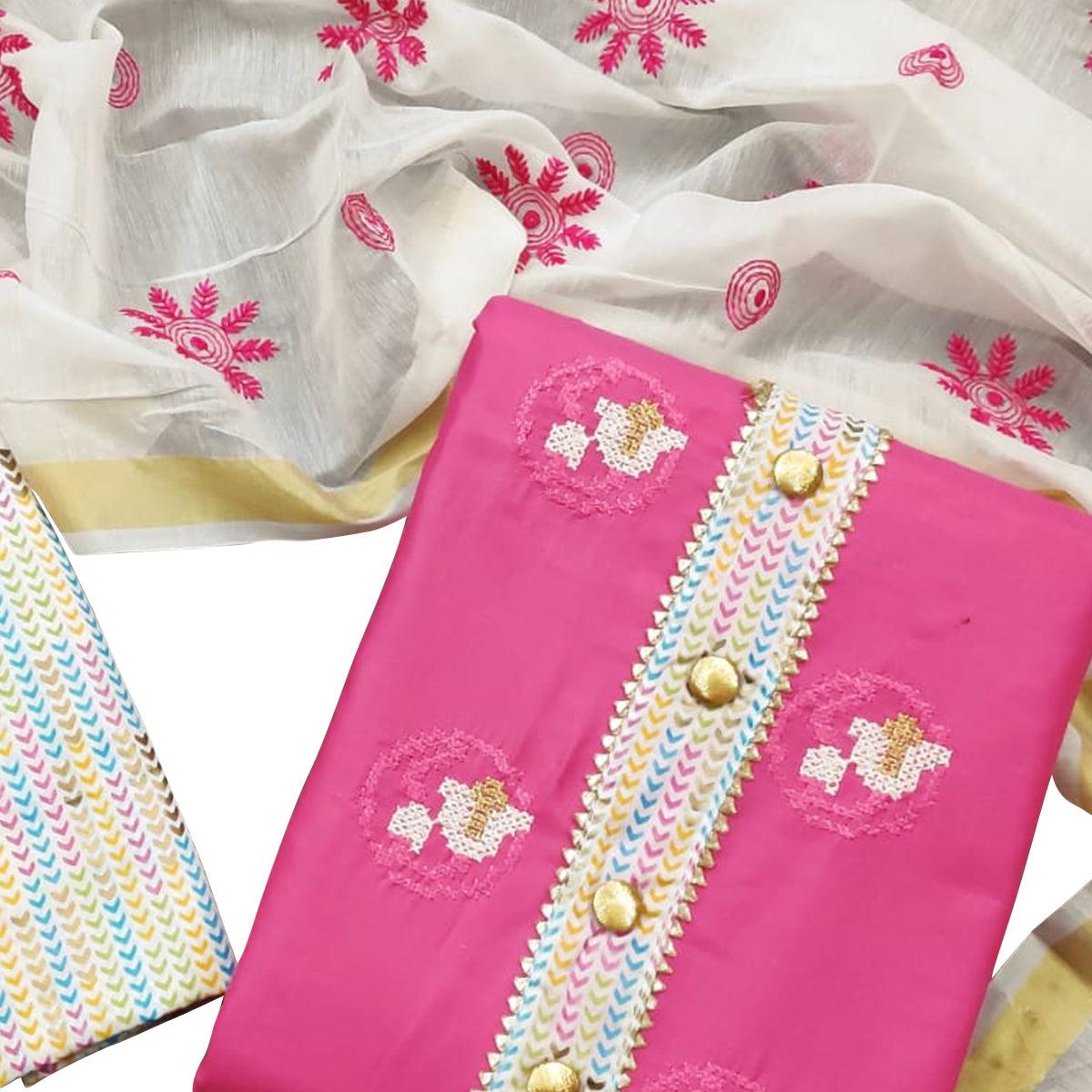 Innovative Pink Colored Casual Wear Embroidered Cotton Dress Material