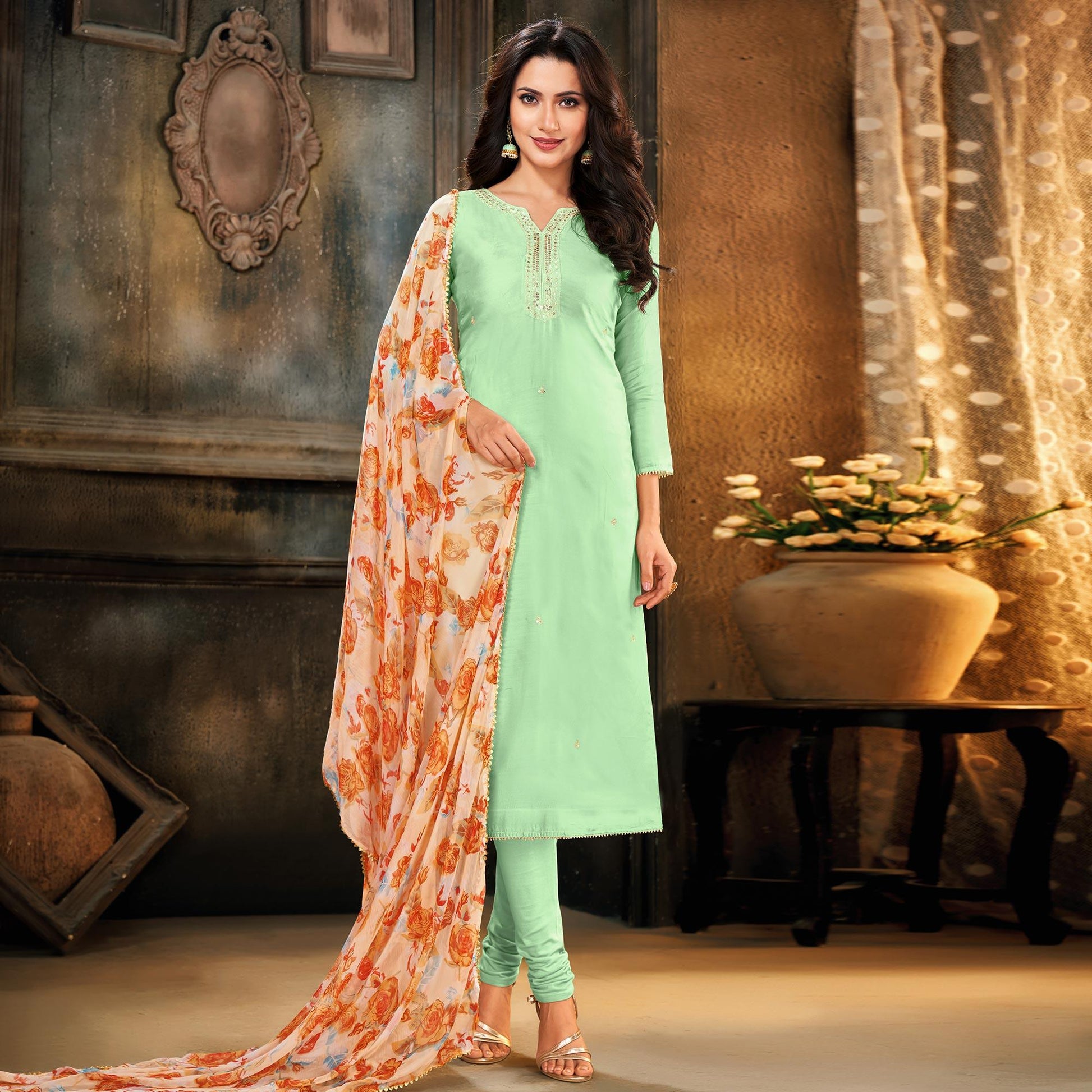 Innovative Pista Green Colored Partywear Embroidered Chanderi Dress Material