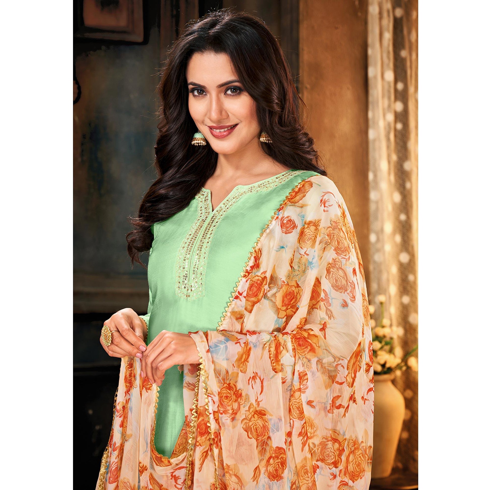 Innovative Pista Green Colored Partywear Embroidered Chanderi Dress Material